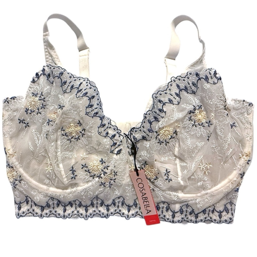 Cosabella Sicilia Curvy Longline Bra L Ivory Blue Gold Lace Bustier NWT 36F 38G